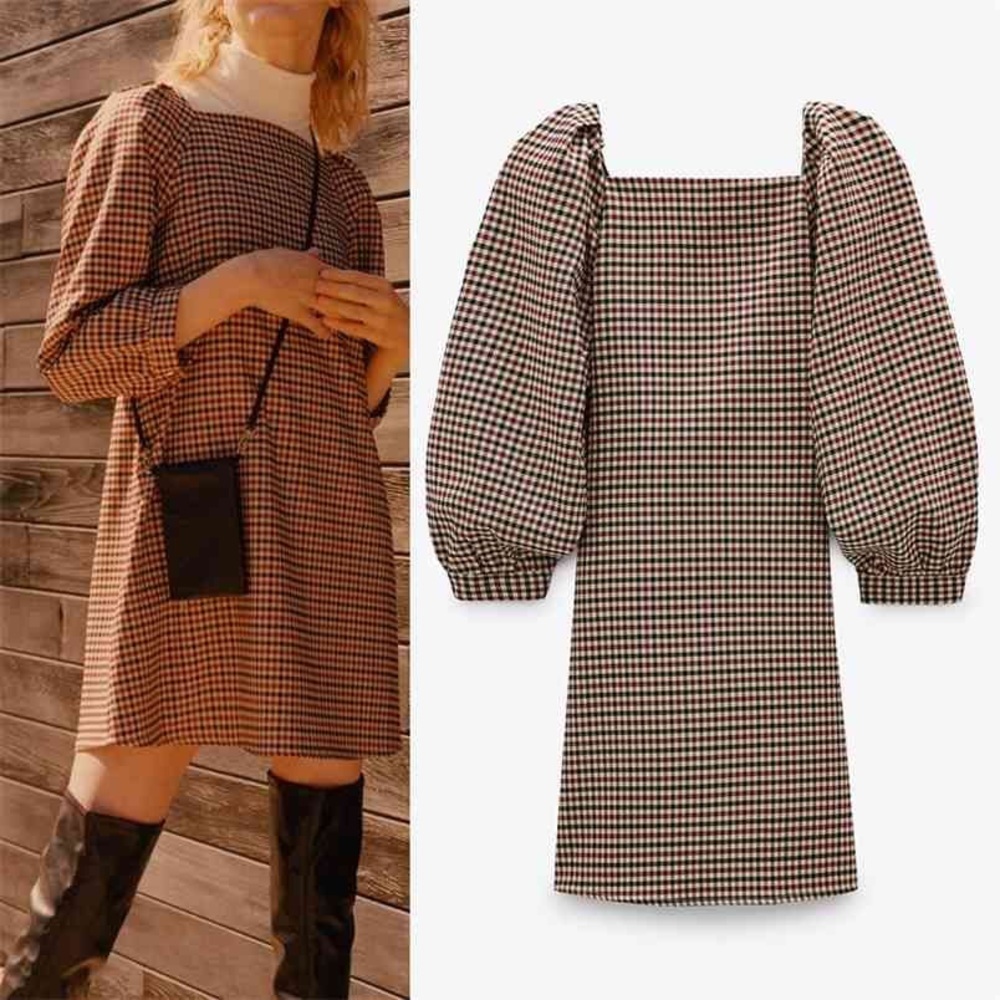 Zara Brown Checkered Long Sleeve Dress